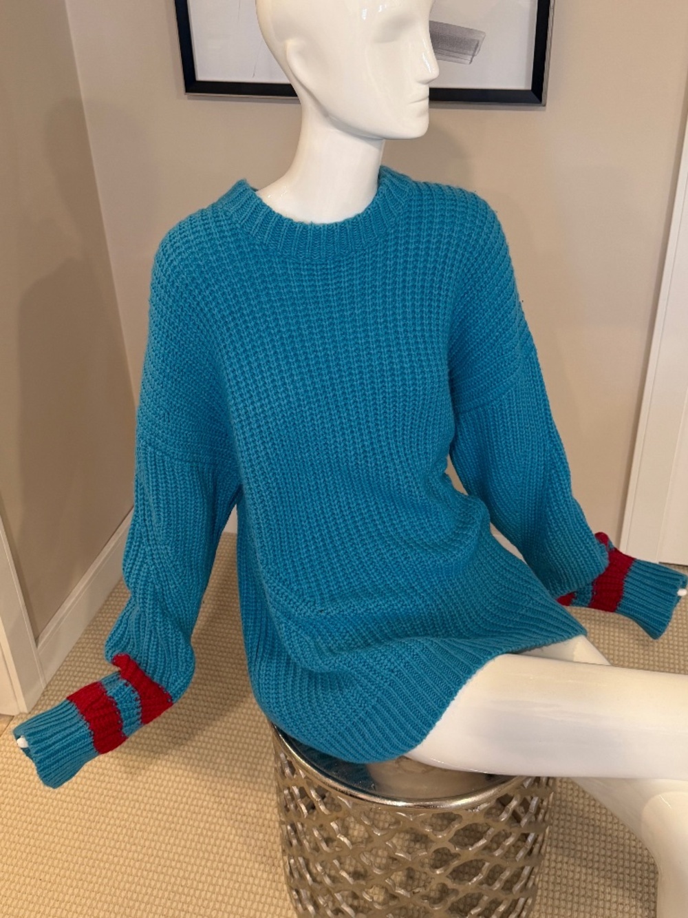 MSGM Turquoise Sweater with red sleeve stripes One Size Fits Most top shirt